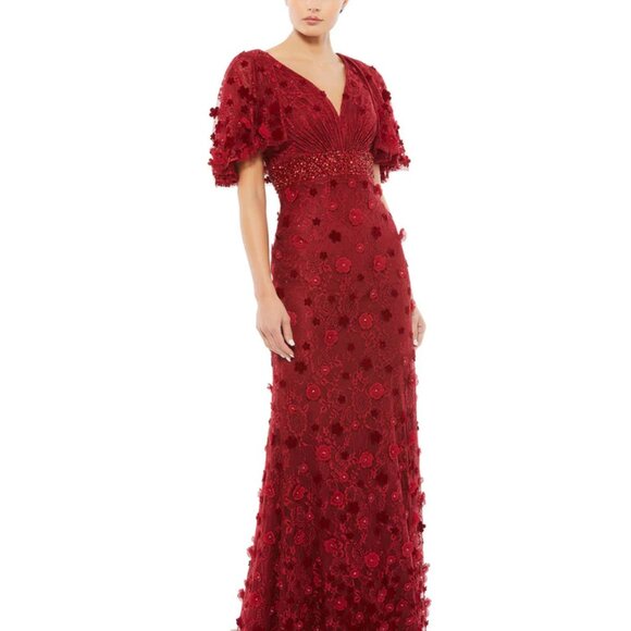 MAC DUGGAL 67712 Embellished Floral Lace Mesh Gown Short Sleeve Burgundy 6 NEW - Picture 1 of 9